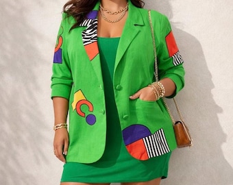 80s Lime Green Linen Blazer Womens 2XL 0X Memphis Zebra Pop Art Statement Jacket