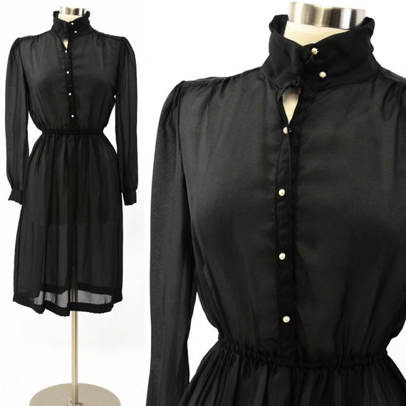 70s Vintage Womens Sheer Black Shirt Dress Mock N… - image 1