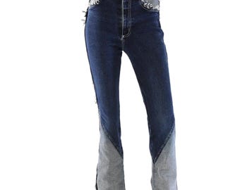 Y2K Vintage Fringed Western Jeans Womens XS 2 Patchwork Flare Leg Boho Clubwear