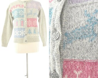90s Vintage Womens M Snow Flake Cardigan Sweater Woolrich 100% Wool