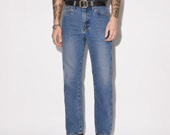 90s Vintage Rustler Jeans Mens 30 34L Blue Medium Stone Wash Straight Leg Denim