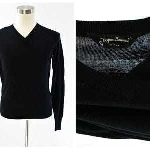90s Vintage Mens L Black Italian Wool Blend V Neck Sweater Jacques Bouvare&#39;