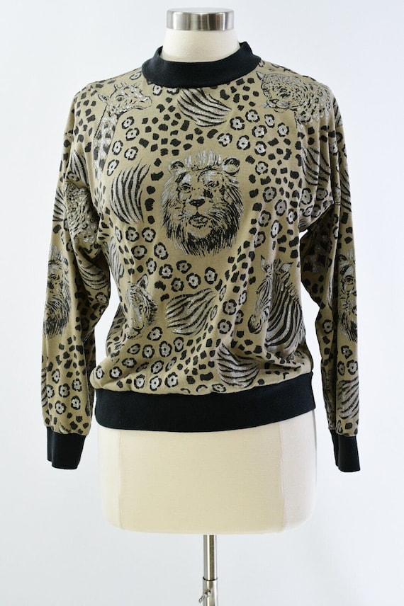 80s Vintage Womens M Novelty Print Top Big Cats &… - image 1