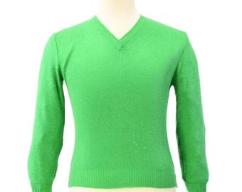 60s Vintage Green V Neck Sweater Mens S Izod Lacoste Slim Fit Mod Beatnik