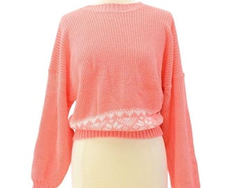 80s Vintage Womens Pink Snow Flake Relaxed Fit Sweater L Fair Isle White Blouson
