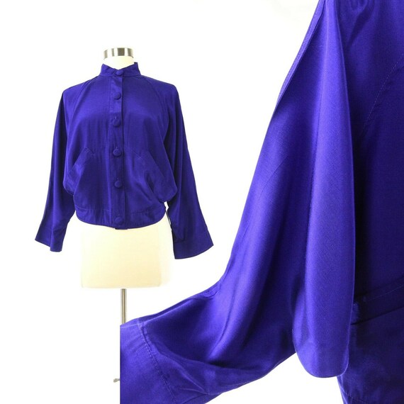 Vintage 90s Royal Purple Satin Raglan Top Blouson… - image 1