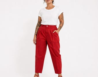 90s Vintage Red Pleated Trousers Womens 6 High Rise Tapered Trousers Elastic