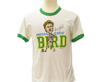 80s Vintage Larry Bird Bobble Head Ringer Tee Indiana State Mens M S Shirt White