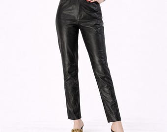 90s Vintage Genuine Leather Pants High Waist Straight Leg Womens XS 2 Jet Black