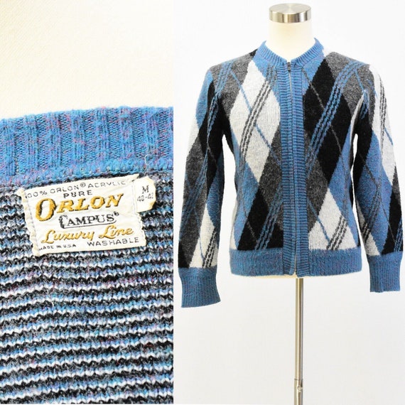 60s Vintage Mens Campus Zip Front Sweater Size M Argyle Print - Etsy
