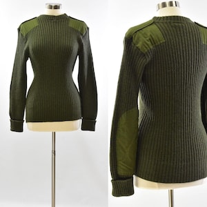 80s Vintage Wool Commando Sweater Army Green Elbow & Shoulder Patches Womens M