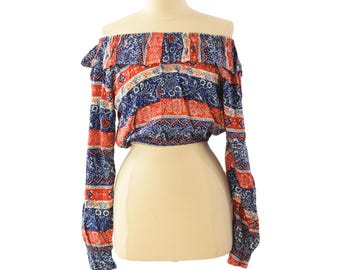 1990s Bonjour Red White Blue Striped Bandana Print Crop Top L