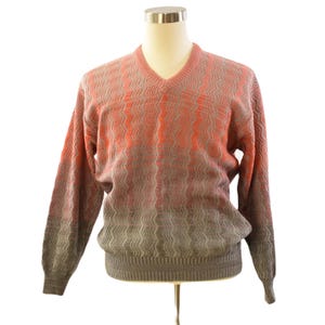 80s Vintage Wool Sweater Mens XL L 42 Orange Gray Zigzag Knit V Neck Retro Gradient Pattern Missoni Style Italian Knit Pullover