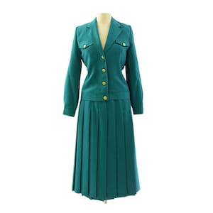 90s Vintage Bedford Fair Green Pleated Midi Skirt & Utility Blazer Womens 10 M