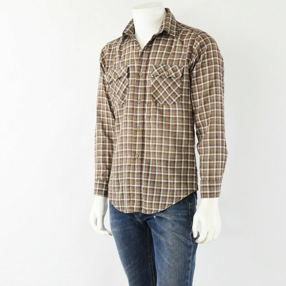 80s Vintage Levis White Tab Brown Plaid Button Fr… - image 3