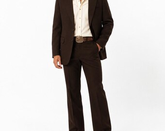 Traje vintage de los años 70, marrón oscuro, para hombre, talla 40R (32x30), pantalón acampanado, blazer de poliéster.