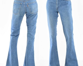 70s Vintage Levis Bell Bottoms Womens 6 Flare Jeans Light Wash Wide Leg Boho Mod