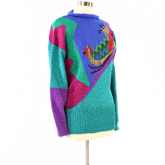 80s Vintage Roll Neck Abstract Print Sweater Arts… - image 4