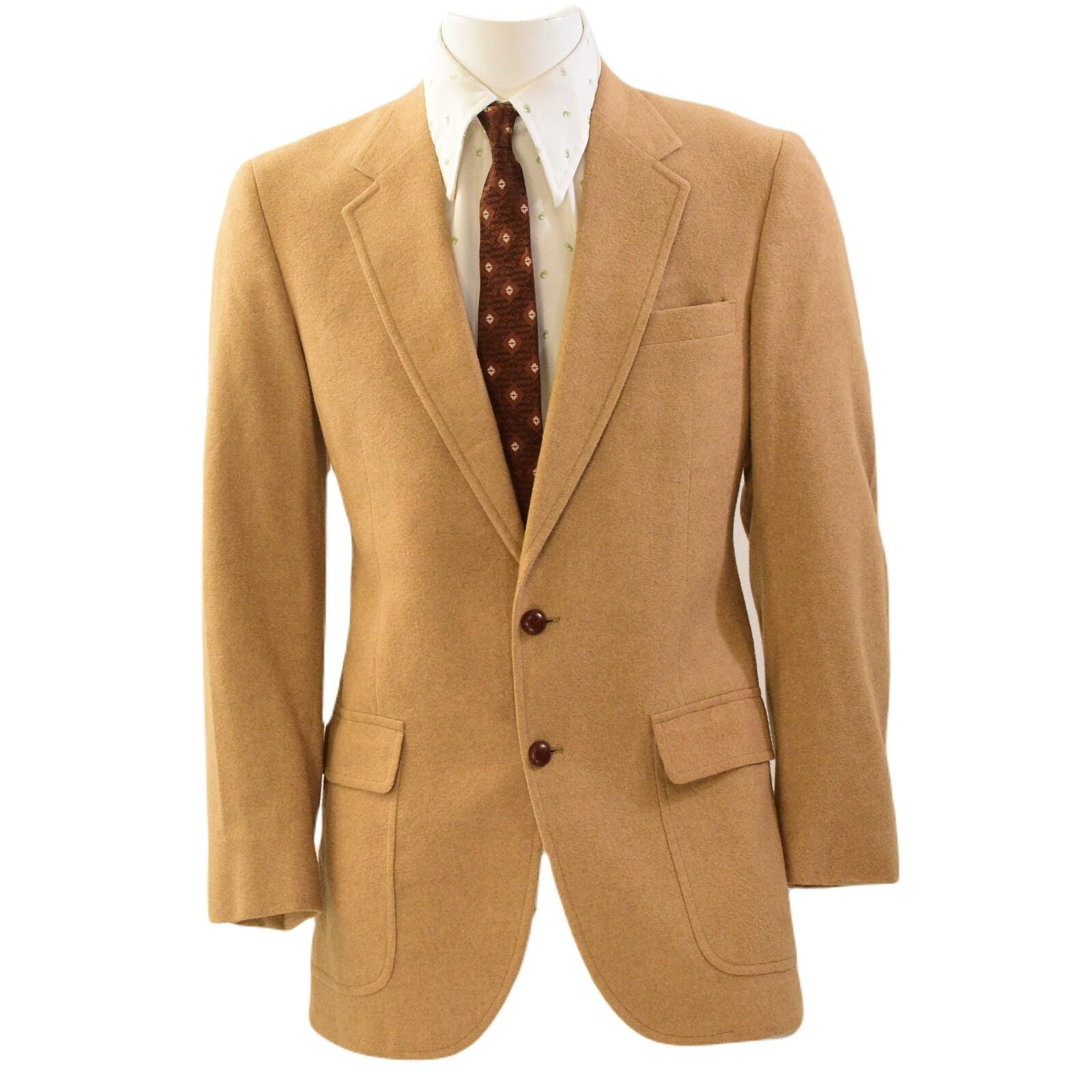 60s Tan Camel Hair Blazer Mens 42S Size M Leather Buttons Rustic 