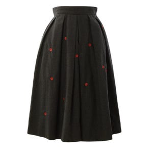 60s Vintage Pleated Skirt Embroidered Circle Skirt Red Flower Pin UpDark Gray XS