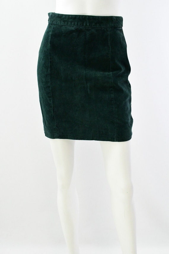 90s Vintage Dark Green Suede Leather Skirt Paris … - image 2