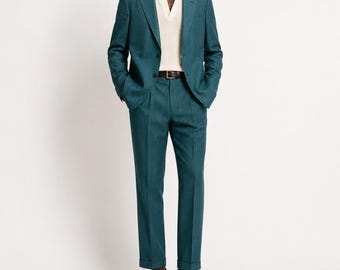 60s Vintage Teal Textured Suit Mens 44R 36W Blue Green Peak Lapel Cuffed Hem Mod