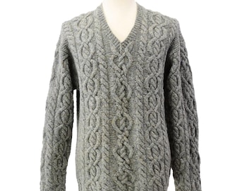 90s LL Bean Wool Fisherman Sweater Mens XL Gray Cable Knit Tweed V Neck Vintage