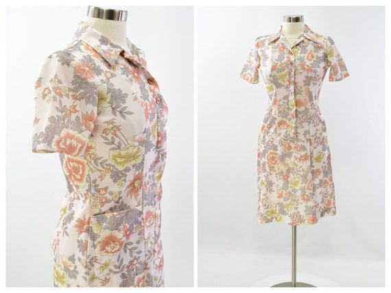 70s Vintage Floral Print Shirt Dress Womens S A N… - image 1