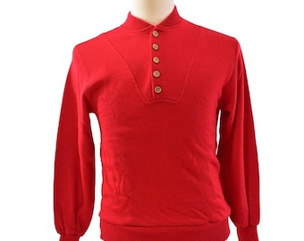 80s Vintage Mens Red Henley Knit Shirt Western Sweater Button Front Ribbed
