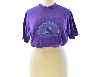 90s Purple Graphic Print Cropped Tee Shirt Womens XL Intercambio Cultural Maya