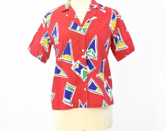 80s Vintage Red Abstract Print Blouse Top Womens M Primary Colors