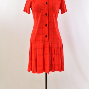 60s Womens M Drop Waist Dress Orange With Black Plaid Collarless Button Front Pleated Shirt Dress Neon Red Short Sleeve Above Knee 8 Mod