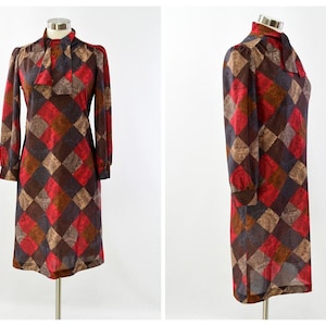 60s Vintage Tie Neck Shift Dress Diamond Pattern Womens S Joan Curtis