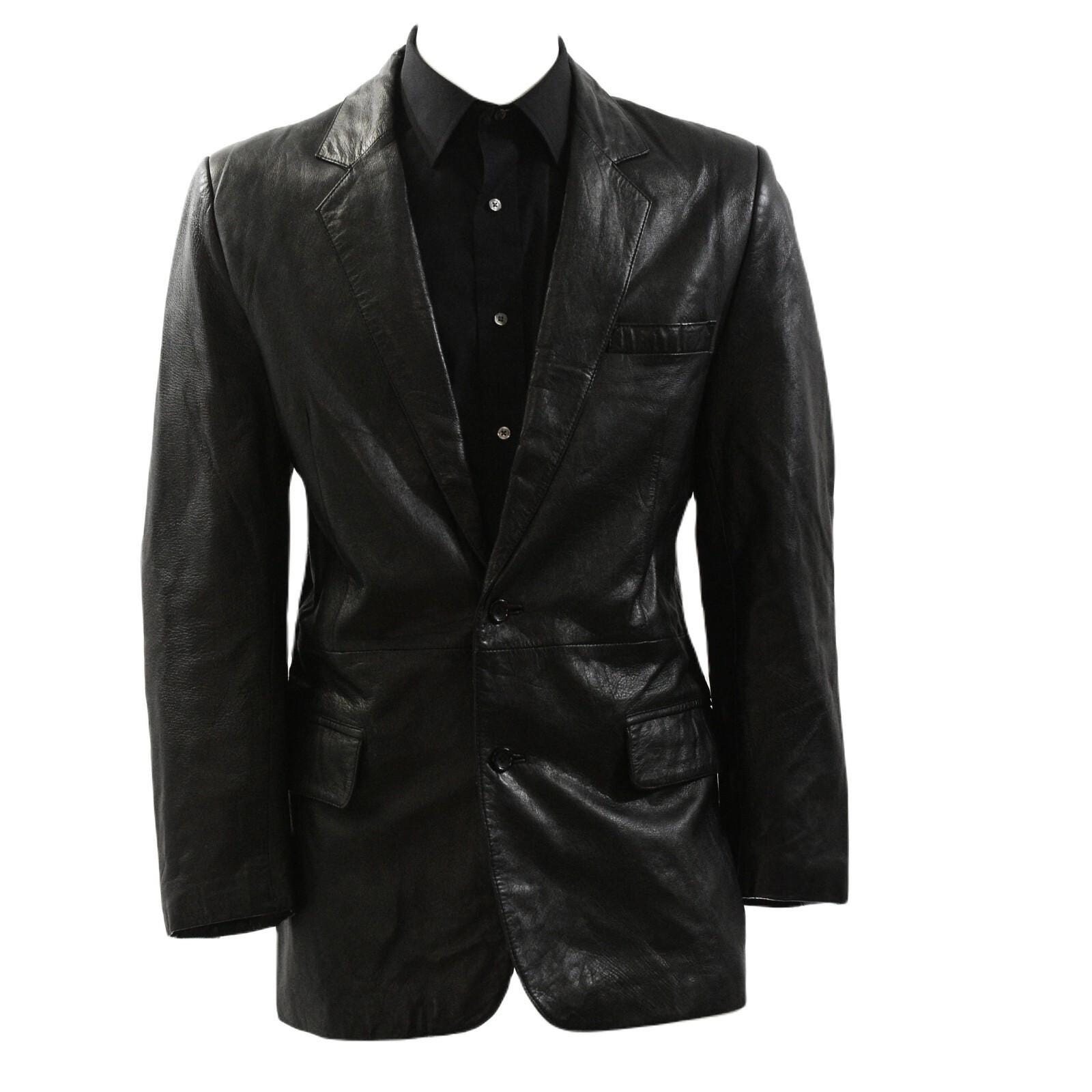 80s Vintage Saddlery Black 2 Button Leather Blazer Mens 44T Fully 