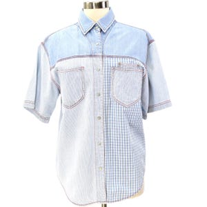 90s Vintage Contrast Stitch Denim Utility Top Womens S Baggy Fit Plaid Patchwork Button Up Shirt