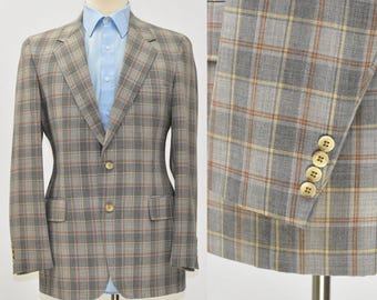 70s Vintage Van Julian Wool Blazer Mens 40 M Gray Rust Plaid Jacket Tailored Sport Coat Two Button Preppy Mod Business Retro Jacket Summer