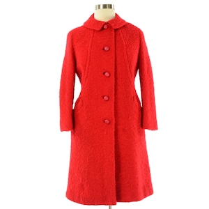 60s Vintage Bright Red Wool Boucle Coat Womens L Mod Overcoat Oversized Buttons Silk Lined Winter Valentine Jacket Princess Seams 12 14