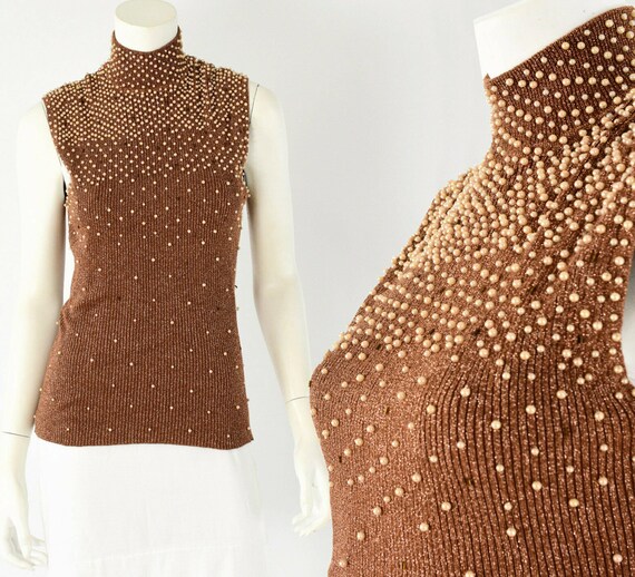 90s Vintage metallic & beaded sleeveless turtlenec