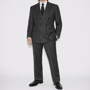 80s Vintage Gray Pinstripe Double Breasted Suit Mens 40L Pleated Pants Peak Lape