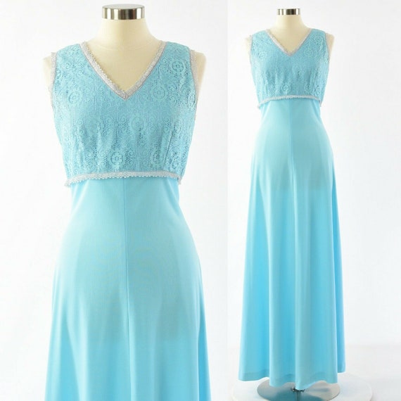 70's Vintage Aqua Blue Maxi Dress Empire Waist Lace B… - Gem