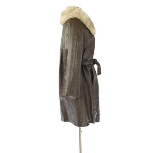 70s Vintage Brown Leather Belted Cape Coat Womens L Rabbit Fur Collar Coat Blonde Knee Length Trench Style Winter Outerwear Boho Car Coat 14 image 3