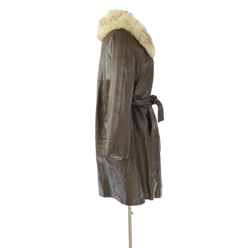 70s Vintage Brown Leather Belted Cape Coat Womens L Rabbit Fur Collar Coat Blonde Knee Length Trench Style Winter Outerwear Boho Car Coat 14 image 3