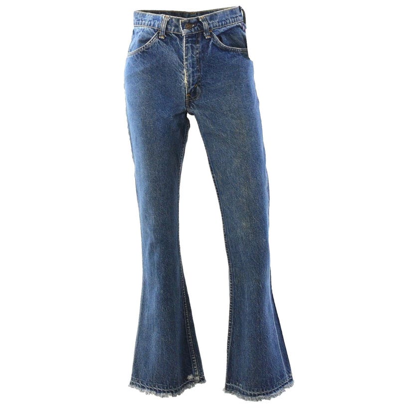 70s Vintage Levi's Bell Bottoms Women's 0 Dark Stone Wash Hippie Boho Raw Edge 31" Inseam Orange Tab Flare Jeans High Rise High Waist Jeans Bild 1