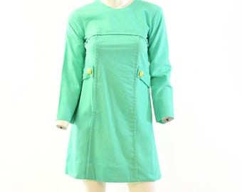 60s Vintage Mint Green Mini Dress Mod Shift Dress Womens 0 XS Belted Waist Twill