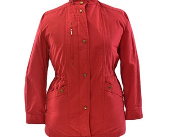 70s Vintage Misty Harbor Duckwear Red Down Jacket Womens L Hooded Utility Coat Quilted Warm Liner Waist Cinch Retro Outdoor Outerwear