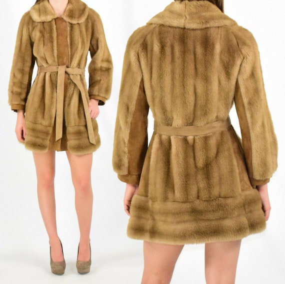 70s vintage faux fur & leather fit n flare coat si