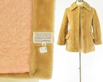 60s Vintage Faux Fur Coat Camel Tan Womens 12 L Mod Boho Short Winter Jacket