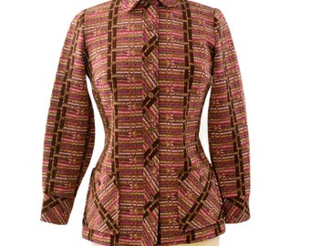 70s Basket Weave Plaid Blouse For Women Unique Vintage Tops M Button Front