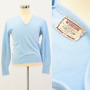 60s Vintage Mens Sweater McGregor PomPom Sweater Size M Sky Blue V Neck