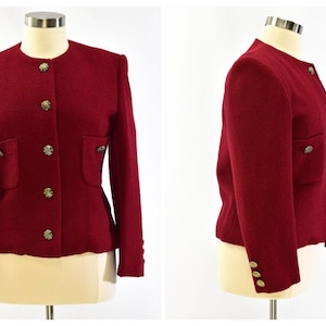 80s Vintage Blood Red Collarless Wool Blazer Womens 14 Herbert Grossman